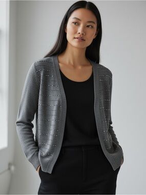 Talbots Lambswool Blend Gray Beaded Embellished Cardigan Sweater Small